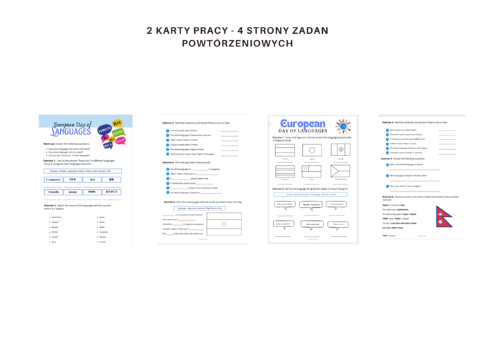 European Day of Languages Worksheet - Europejski Dzień Języków obcych - karta pracy, języka angielski, poziom podstawowy, edukacja różnojęzyczna i wielokulturowa