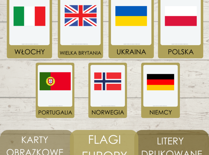 Karty obrazkowe - flagi Europy - litery drukowane