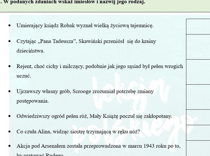 IMIESŁOWY I LEKTURY - WIEDZA O JEZYKU I BOHATERACH. ĆWICZENIE PRZED EGZAMINEM.