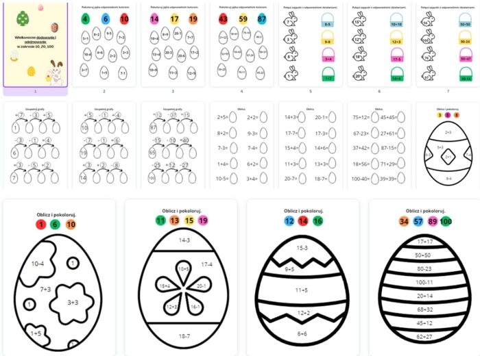 Wielkanocne dodawanie w zakresie 10, 20, 50 - 18 stron