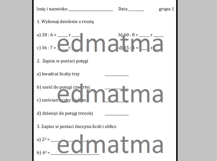 Kartkówka - dzielenie z resztą, potęgowanie (klasa 4)
