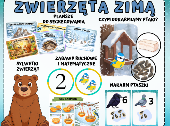 ZESTAW ZWIERZĘTA ZIMĄ, PTAKI ZIMĄ,