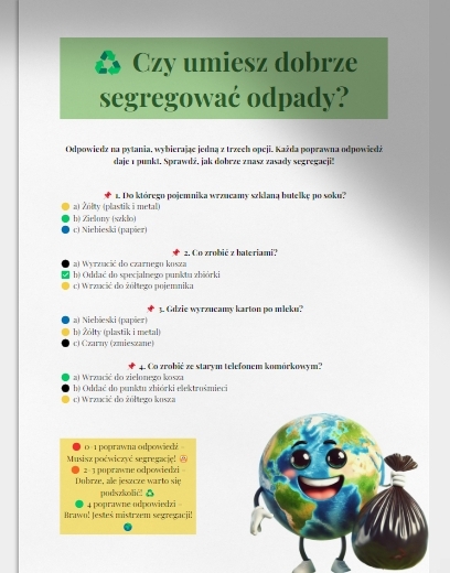 Karty pracy i quizy ekologiczne. Czy umiesz dobrze segregować odpady? Jakie zwierzęta są zagrożone?