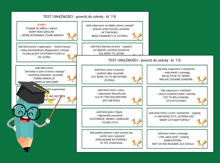 Powrót do szkoły – TEST NA UWAŻNOŚĆ – 30 karteczek do zabawy klasowej – język polski – zajęcia z wychowawcą – klasy 7-8