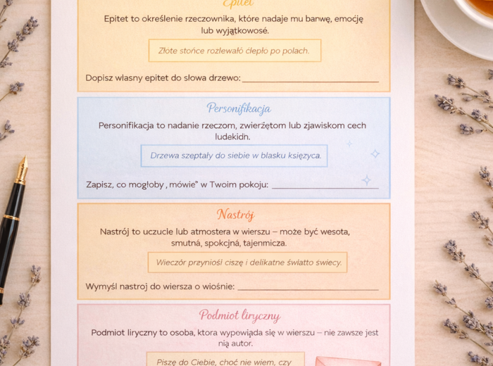 „Słowniczek poety” do wklejenia. WKLEJKA. [Epitet, Personifikacja, Nastrój, Podmiot liryczny)