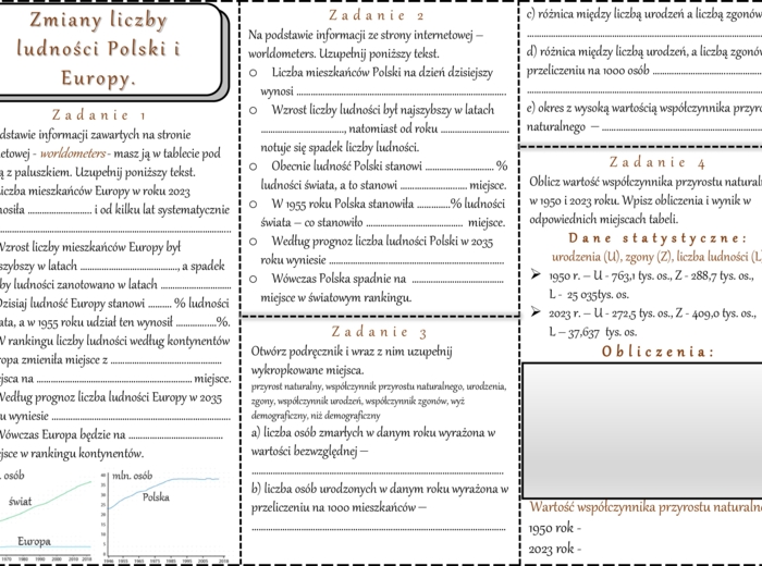 Karta pracy/stacje zadaniowe/ notatki/ materiał do lekcji do tematu „Zmiany liczby ludności Polski i Europy.” w pdf. W gratisie niekomercyjny scenariusz lekcji/pomysł na lekcję w programie genial.ly do edycji. Geografia 7. Dział „Ludność i urbanizacja”.