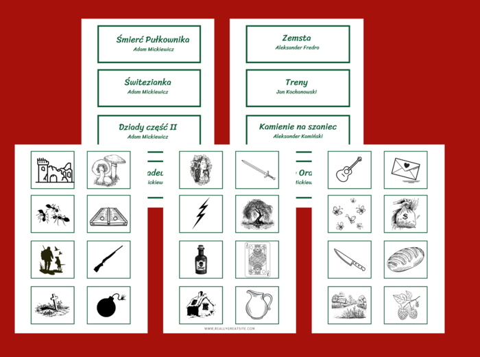 LEKTUROWE IKONKI - lektury z kl.7-8 - IKONKI - fiszki - 112 szt.- grafika - symbole - powtórka - egzamin