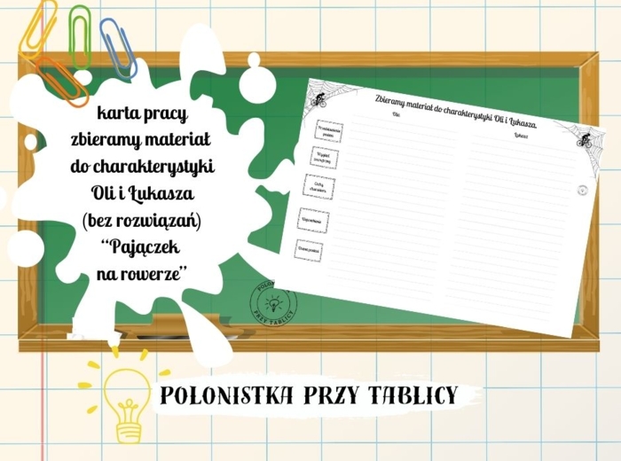 „Pajączek na rowerze” – zbieramy materiał do charakterystyki głównych bohaterów (Ola i Łukasz, charakterystyka) karta pracy bez rozwiazań