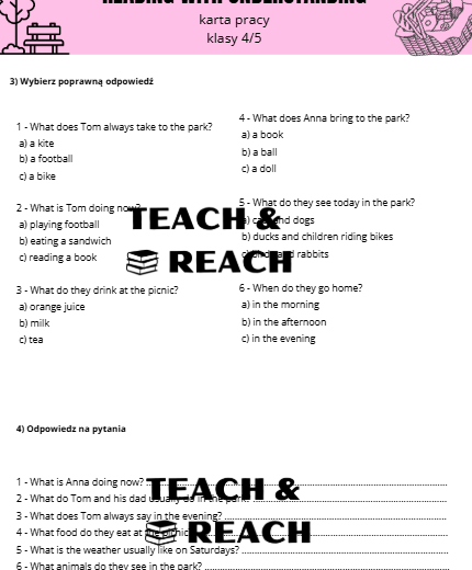 Reading with understanding czytanie ze zrozumieniem karta pracy 4/5 klasa present simple continous