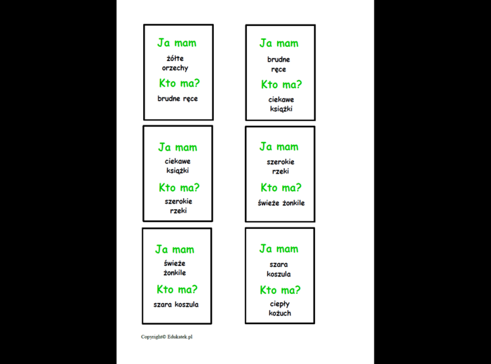 Zestaw kart typu kto ma, ja mam - gra ortograficzna