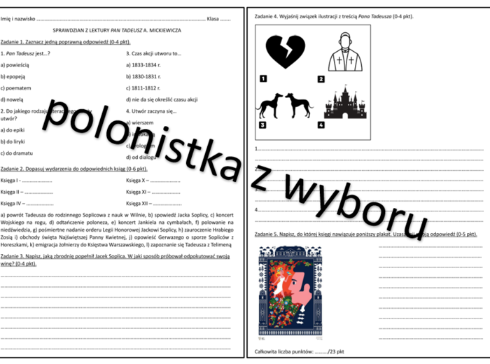 Sprawdzian wiedzy z lektury Pan Tadeusz + odpowiedzi do zadań