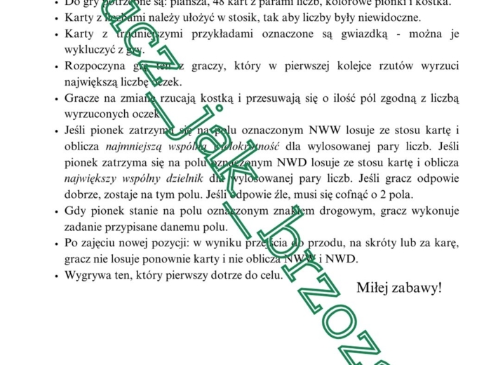 NWW i NWD, gra planszowa, wielokrotności i dzielniki, klasa 5