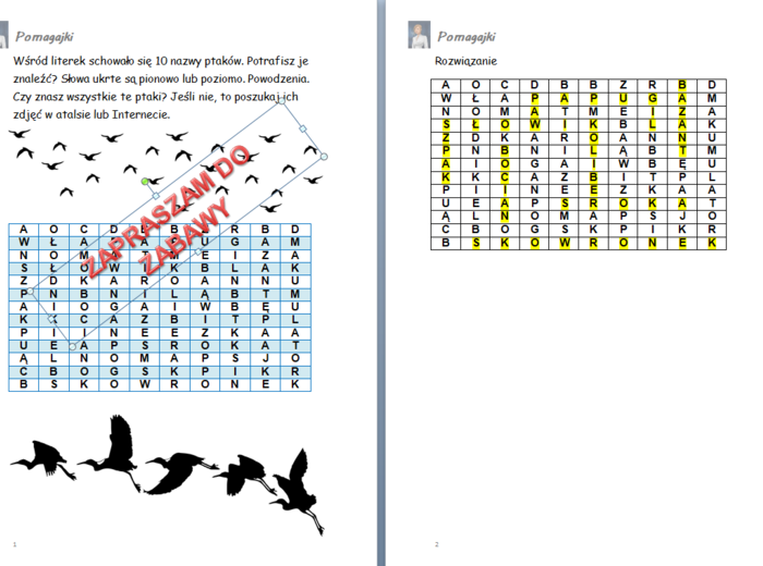 Światowy Dzień Ptaków Wędrownych 13.05 wykreślanki - ptaki - trening słownicta