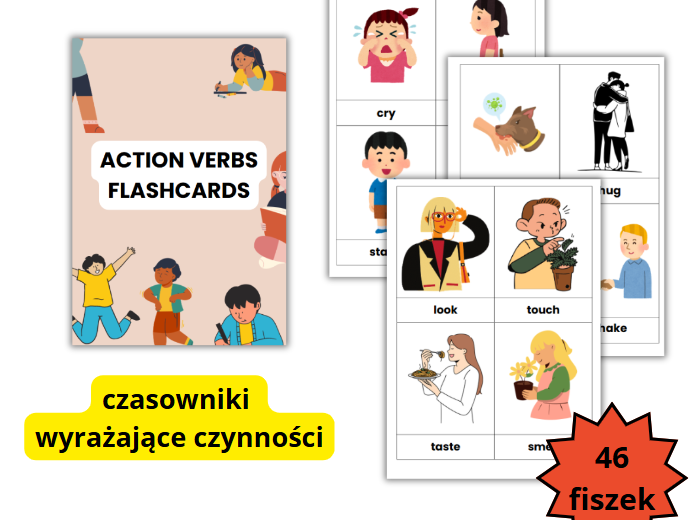 CZASOWNIKI PO ANGIELSKU, ACTION VERBS FLASHCARDS, FISZKI