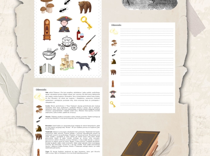 Ikony (obrazki, symbole) + odpowiedzi "Pan Tadeusz" Adam Mickiewicz, język polski, egzamin ósmoklasisty, lektura obowiązkowa klasa 7-8