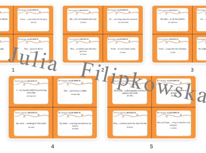 Be going to/ Zdania twierdzące/ Karty do mówienia/ Mówienie/ Speaking/ Konwersacje/ Klasy 4-8/ Klasy 4-6/ Klasy 6-8/ SP/ Warm-up/ Rozgrzewka/ Speaking cards/ Gramatyka/ Grammar/ Speaking cards grammar/ Grammar cards/ E8