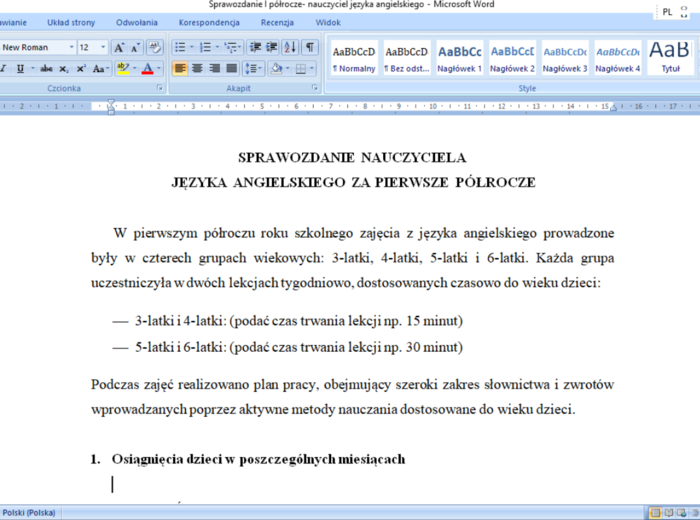 Sprawozdanie nauczyciela języka angielskiego za I półrocze pracy w przedszkolu