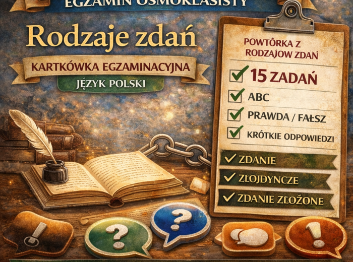 ✏️ Rodzaje zdań – kartkówka egzaminacyjna | powtórka przed egzaminem ósmoklasisty (15 zadań)