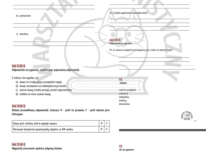 Egzamin ósmoklasisty - przykładowy arkusz nr 7 / Reduta Ordona, lekturowa zagadka, kawa, ogłoszenie