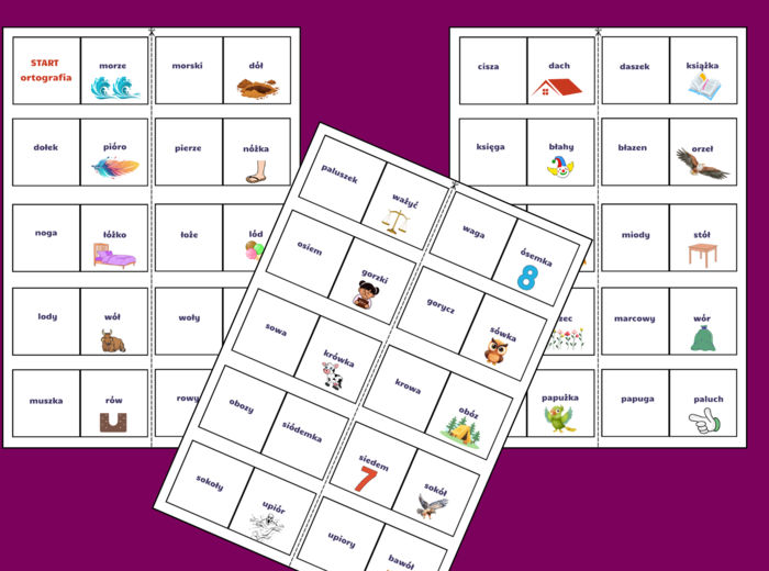 Ortograficzne DOMINO - wyrazy z wymiennym ó, h, ch, rz oraz ż - ORTOGRAFIA