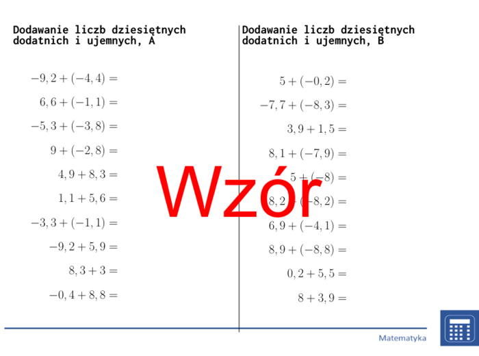 Dodawanie liczb dziesiętnych dodatnich i ujemnych | matematyka | 26 kolumn