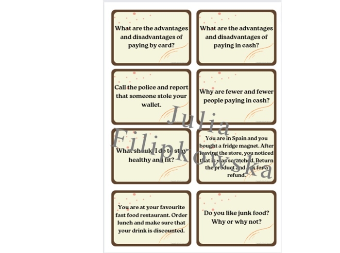 Karty do mówienia/ Mówienie/ Speaking/ Konwersacje/ Klasy 4-6/ Klasy 6-8/ Liceum/ SP/ Warm-up/ Rozgrzewka/ Speaking cards