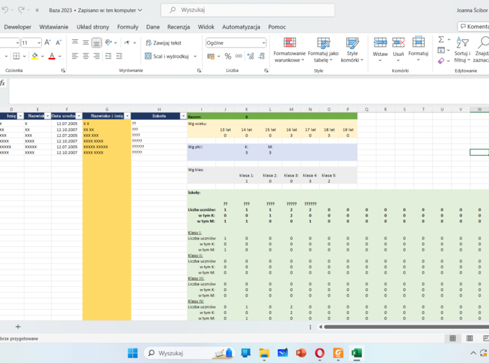 Baza danych - obliczająca wiek uczniów oraz zliczająca wg płci, wieku, klasy i szkoły