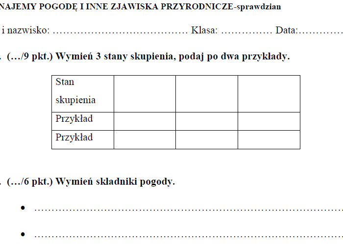 poznajemy pogodę i inne zjawiska przyrodnicze-sprawdzian