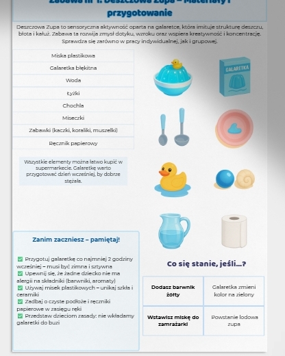 Zabawy sensoryczne: błękitna galaretka jako „deszczowa zupa”, ryż jako „deszcz”