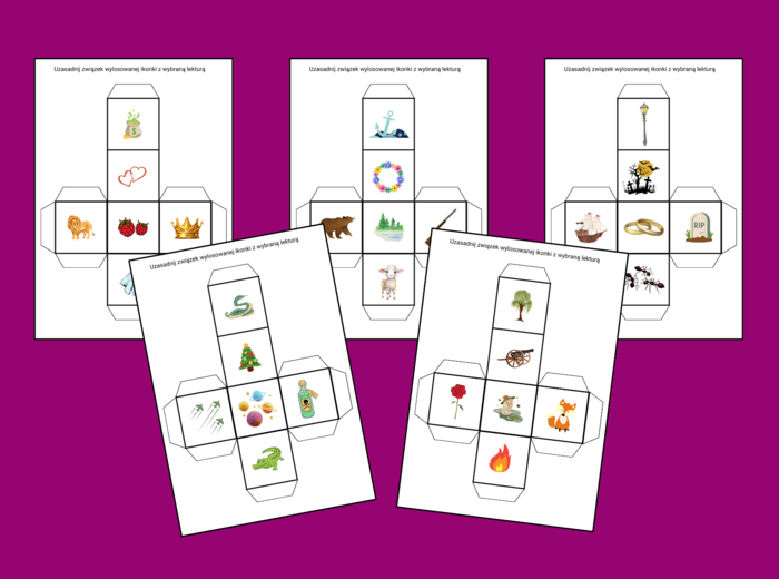 KOSTKA lekturowa - IKONKI - 5 wersji - lektury - powtórka - egzamin