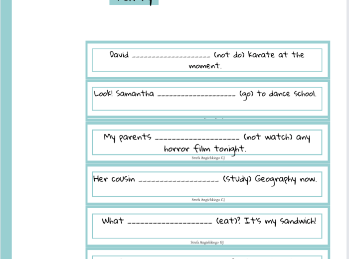 Present Continuous speaking cards, karty do mówienia Present Continuous