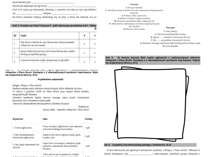 Chłopcy z Placu Broni - kartkówka oraz sprawdzian podsumowujący + klucze odpowiedzi