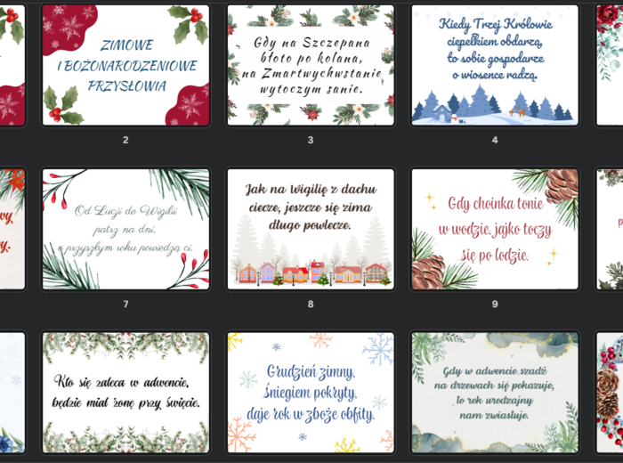 Zimowe i bożonarodzeniowe plakaty z przysłowiami