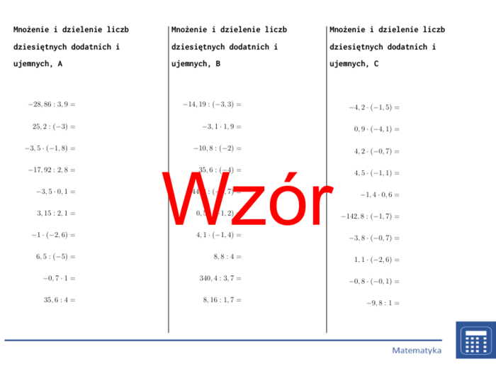 Mnożenie i dzielenie liczb dziesiętnych dodatnich i ujemnych | matematyka | 26 kolumn