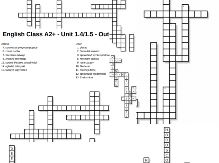 English Class A2+ – Unit 1 – krzyżówki – Ludzie związani z kulturą_Korzystanie z kultury/1.2_1.3/Out of class