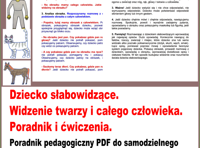 Dziecko słabowidzące. Widzenie twarzy i całego człowieka. Poradnik i ćwiczenia. Plik PDF do samodzielnego wydruku.