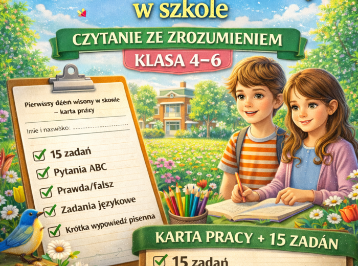 🌷 Pierwszy dzień wiosny w szkole – czytanie ze zrozumieniem (klasa 4–6) | karta pracy + 15 zadań