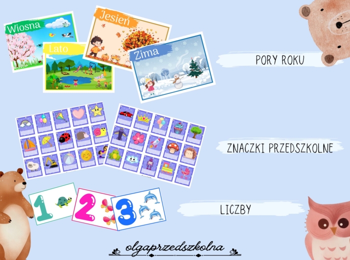 Zestaw przedszkole - gazetka. (pory roku, dni tyg., znaczki, girlanda...)