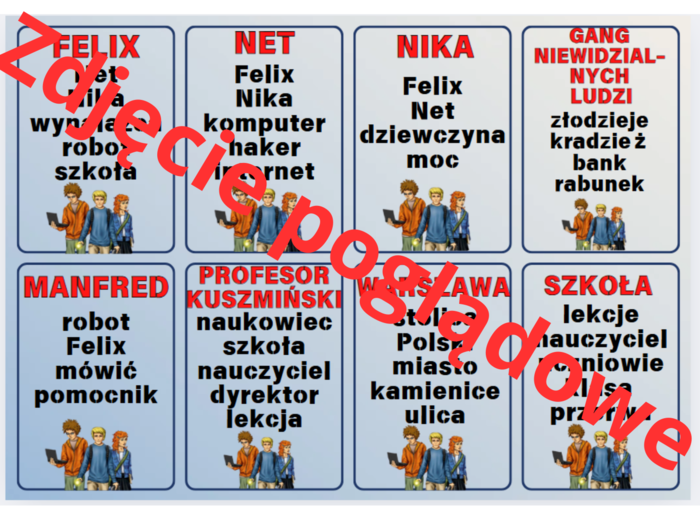 Karty do gry Taboo na podstawie lektury "Felix, Net i Nika oraz Gang Niewidzialnych Ludzi"