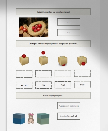 Na, pod, w, za, przed, obok, wewnątrz, na zewnątrz. Karta pracy. Sprawdzian