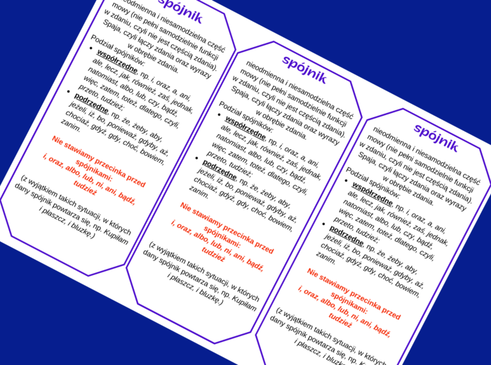 SPÓJNIK – części mowy – wklejka – wklejki – egzamin – powtórzenie