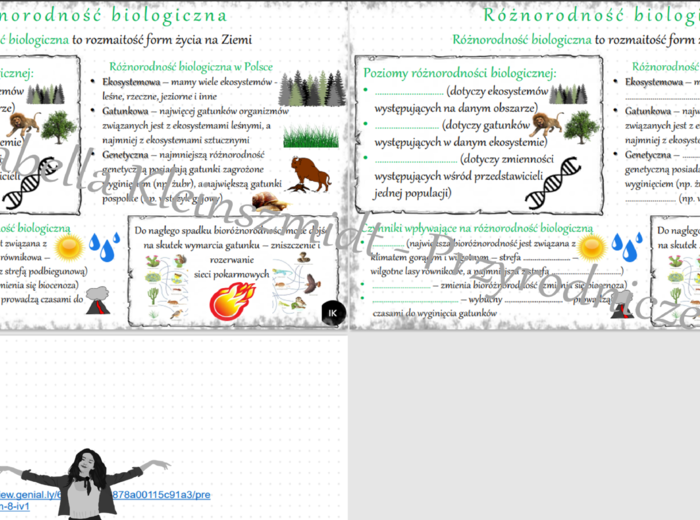 Mini zestaw do tematu „Różnorodność biologiczna”- sketchnotka + karta pracy + gratisowy link do prezentacji multimedialnej niekomercyjnej wykonanej w genial.ly do indywidualnego pobrania i użycia do celów niekomercyjnych. Biologia klasa 8, dział IV „Czło