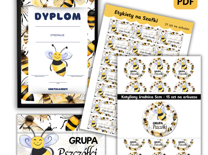 Zestaw Etykiety, Medaliony, Dyplom, Naklejka z nazwą grupy - Dla Grupy Pszczółki