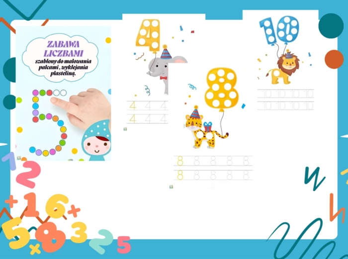 NAUKA LICZB. PRZYGOTOWANIE RĘKI DO NAUKI PISANIA. ZBAWA LICZBAMI. SZABLONY DO MALOWANIA PALCAM, WYKLEJANIA PLASTELINĄ.