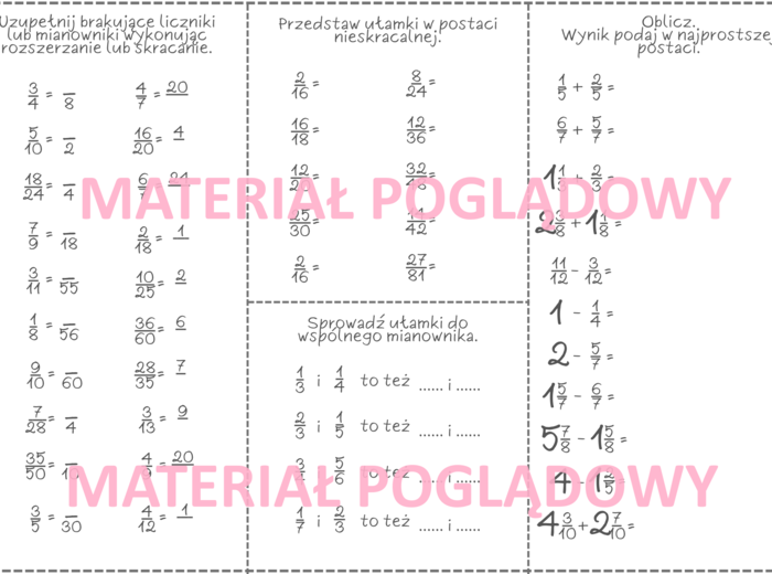 Powtórzenie wiadomości (karta pracy) - ułamki zwykłe klasa 4