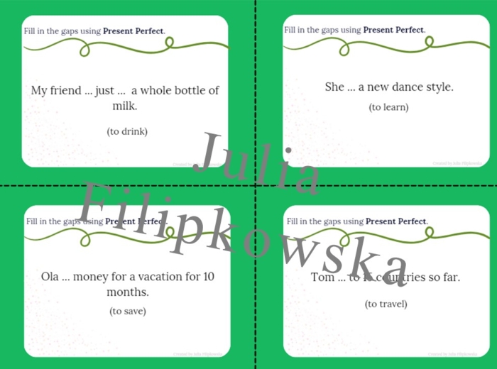 Present Perfect/ Karty do mówienia/ Mówienie/ Speaking/ Zestaw/ Pakiet/ Klasy 4-8/ Klasy 4-6/ Klasy 6-8/ SP/ Warm-up/ Rozgrzewka/ Gramatyka/ Grammar/ Speaking cards grammar/ Grammar cards/ E8