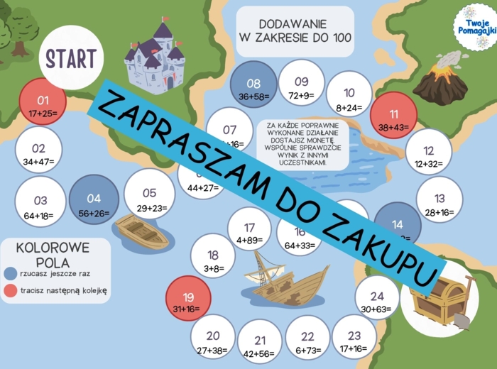 Działania w zakresie do 100 (dodawanie, odejmowanie, mnożenie, dzielenie) - 4 plansze do gry "Poszukiwacze skarbów".