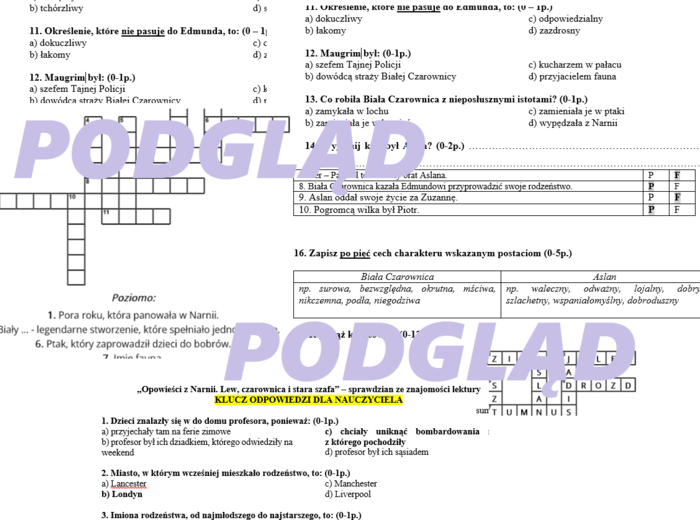Opowieści z Narnii - sprawdzian ze znajomości lektury, test + klucz odpowiedzi