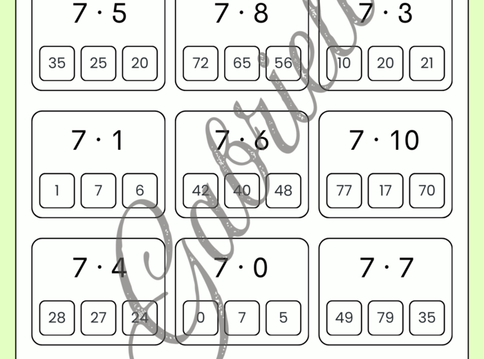 Karta pracy - mnożenie przez 6,7,8 oraz 9.