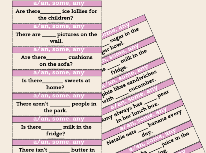 KARTY DO UTRWALANIA ZDAŃ Z A,AN,SOME,ANY, POLICZALNE/NIEPOLICZALNE